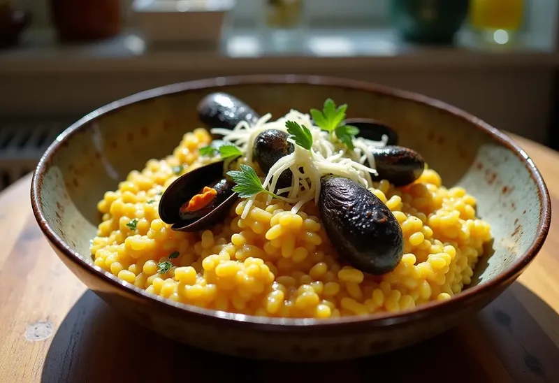 Risotto crémeux au safran et moules fraîches