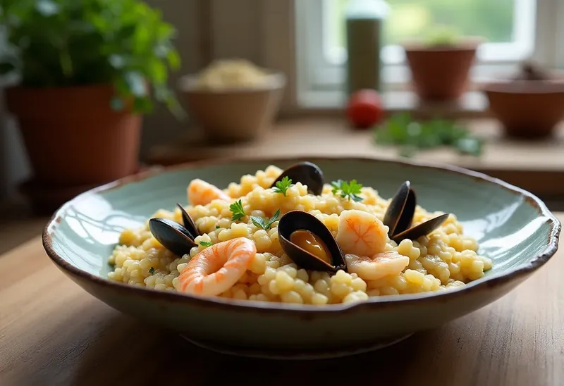 Risotto crémeux aux moules, crevettes et calamars frais