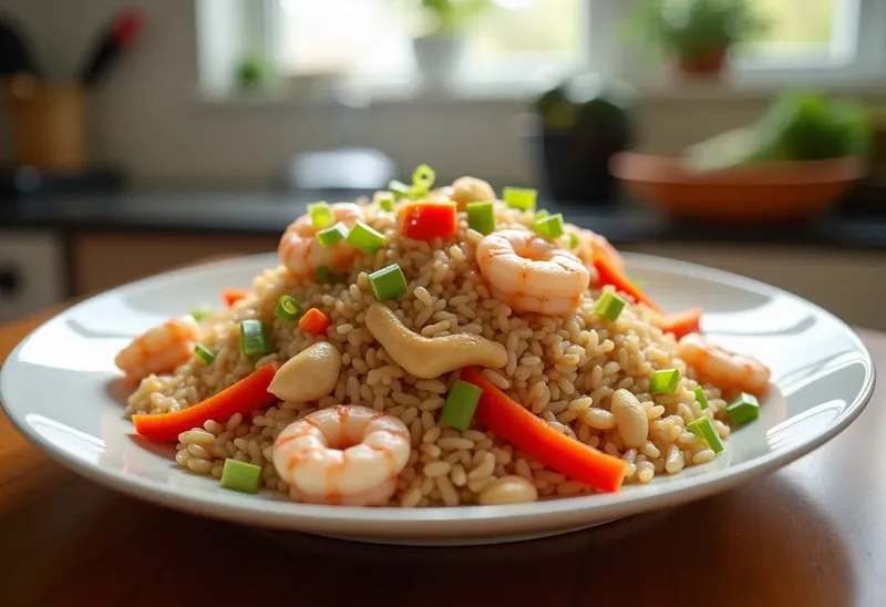 Riz sauté au poulet, crevettes et cacahuètes : recette savoureuse et facile