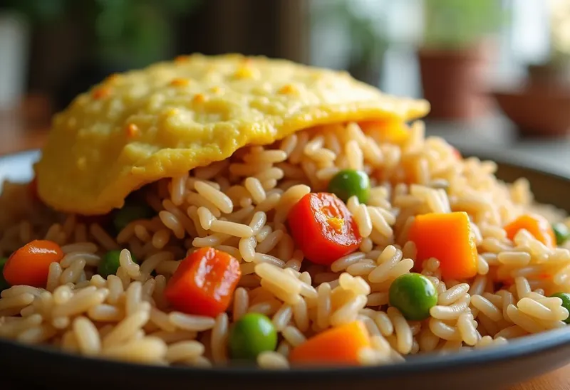 Riz sauté aux légumes croquants et omelette moelleuse