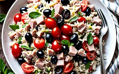 Recette facile et rapide de riz au thon, tomate, cornichon et olives