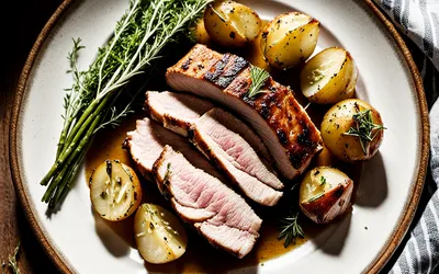 Rôti de porc à l'ail et au thym avec pommes de terre rattes rôties au four - recette facile et savoureuse