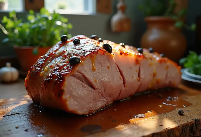 Rôti de porc fondant à l'ail et aux olives noires