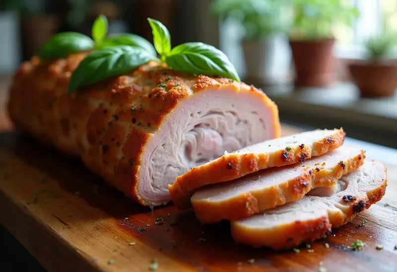 Rôti de porc fondant à l'ail et basilic frais