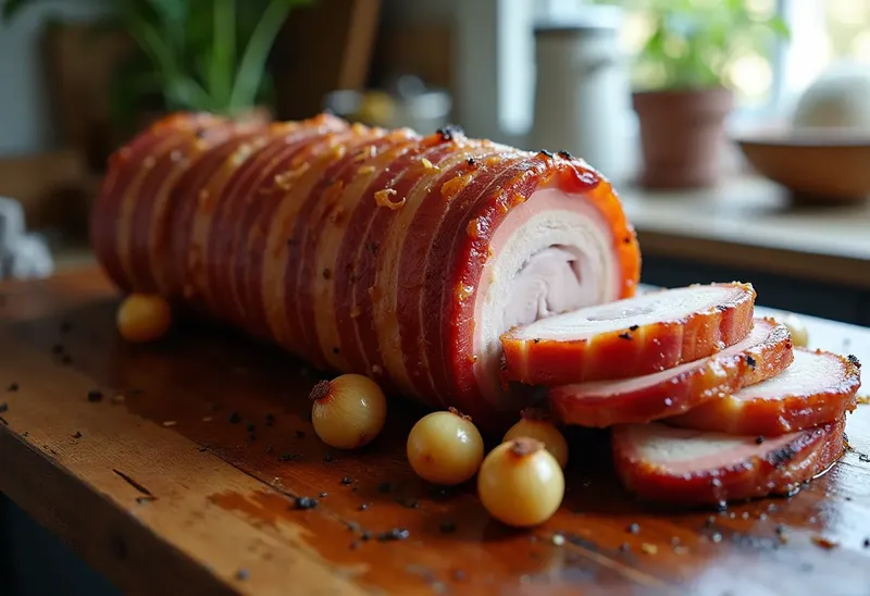 Rôti de porc fondant au lard et petits oignons caramélisés