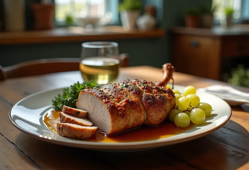 Rôti de porc fondant aux raisins et vin blanc aromatique