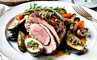 Rôti de veau farci aux herbes avec aubergines rôties et champignons sautés - recette facile