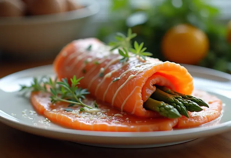 Roulé de saumon frais aux asperges vertes, recette gourmande et légère