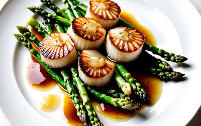 Recette facile de Saint-Jacques poêlées à la sauce aux huîtres et asperges vertes