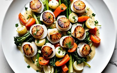 Recette raffinée de Saint-Jacques poêlées sur lit de légumes de la mer