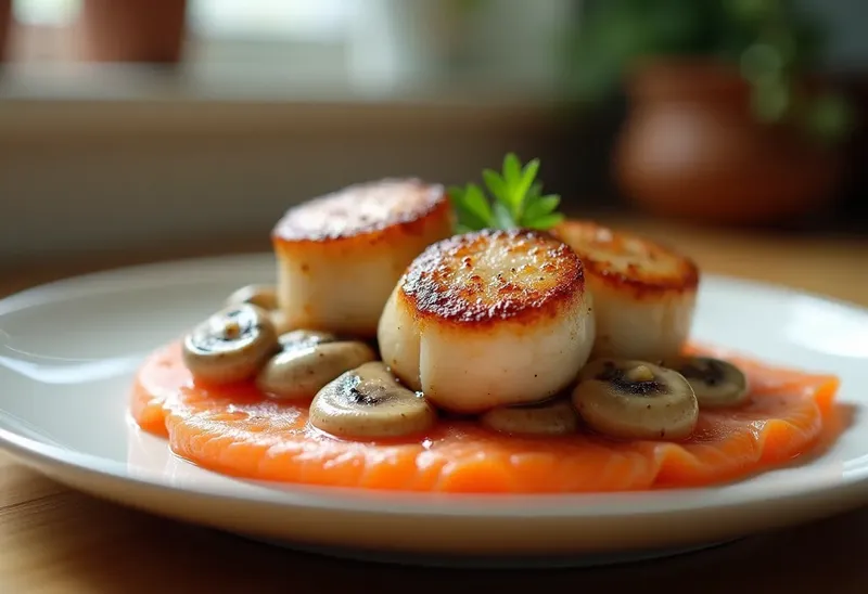 Saint-Jacques poêlées sur lit de saumon fumé aux champignons crémeux