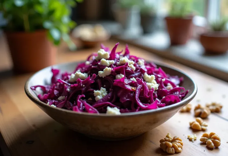 Salade croquante de chou rouge au roquefort et noix