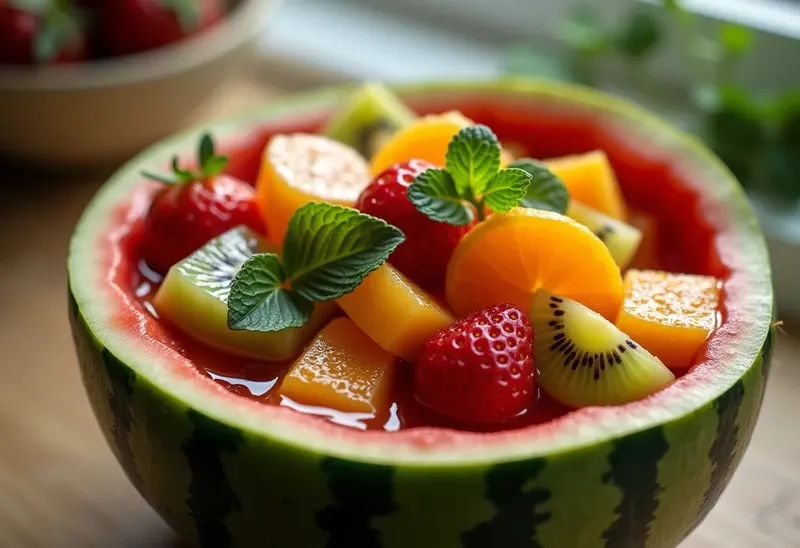 Salade de fruits fraîche et colorée servie dans une pastèque