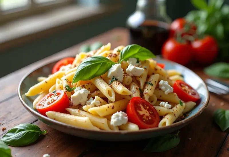 Salade de pâtes au chèvre frais, tomates et basilic
