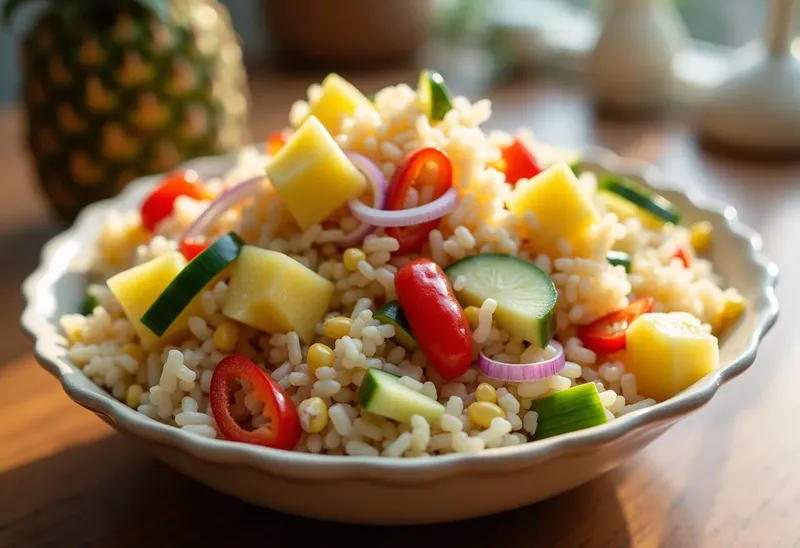 Salade de riz exotique à l'ananas frais et légumes croquants