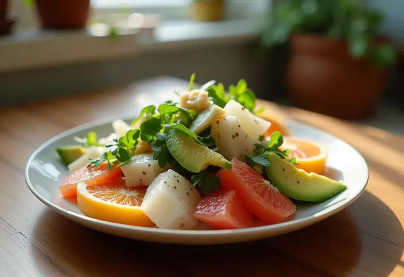 Salade fraîche aux agrumes et surimi, légère et gourmande