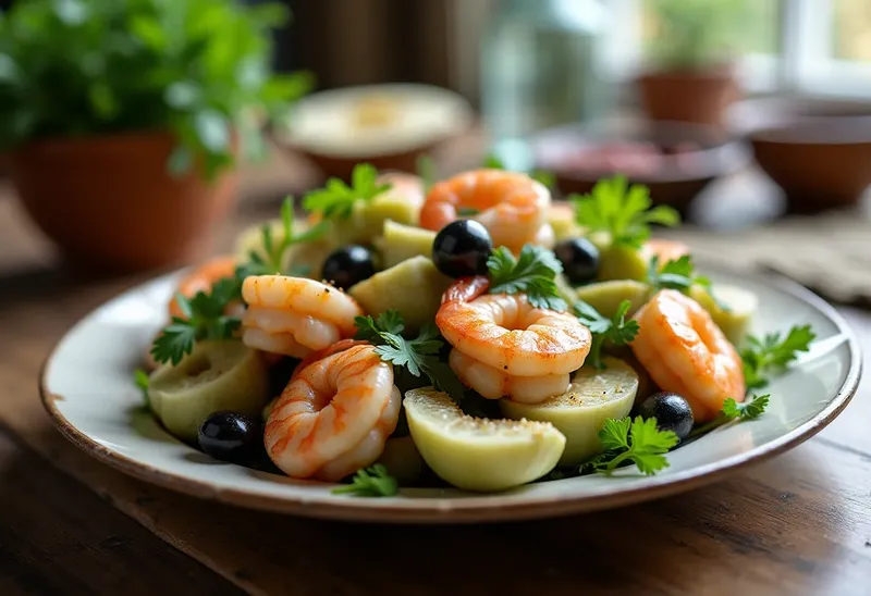 Salade fraîche d'artichauts aux crevettes et olives noires