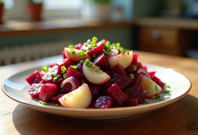 Salade fraîche de betterave et pommes de terre à la vinaigrette maison