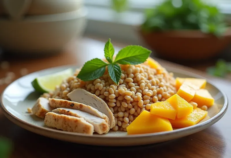 Salade fraîche de blé au poulet et fruits exotiques