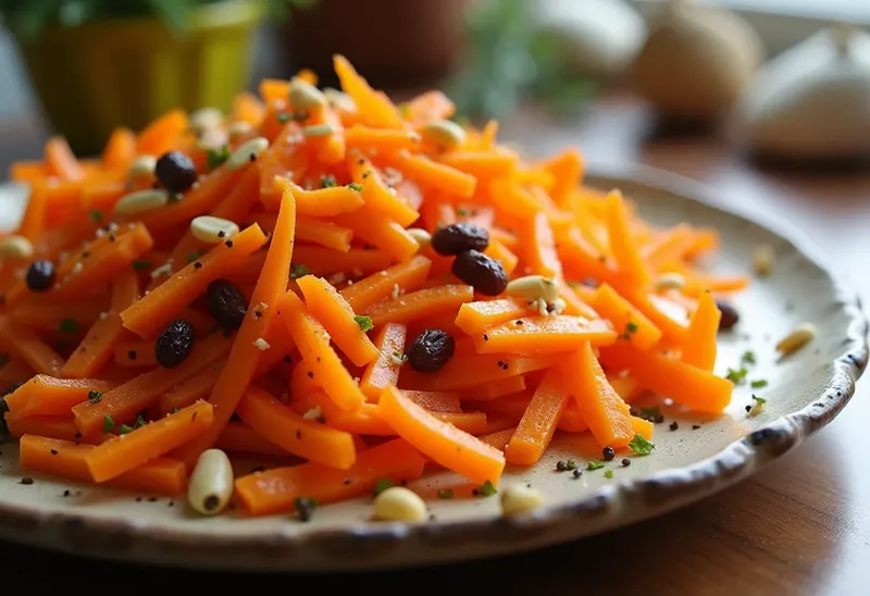 Salade fraîche de carottes râpées aux pignons et raisins secs