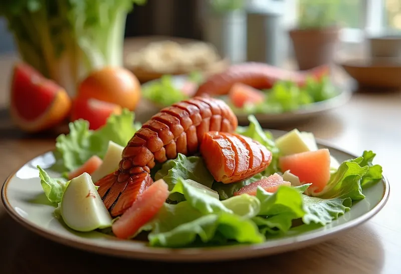 Salade fraîche de cœurs de laitue et pamplemousse au homard