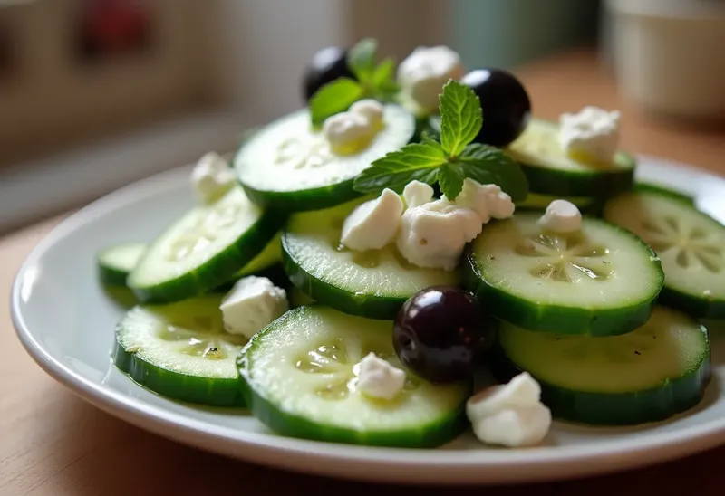 Salade fraîche de concombre au chèvre et olives noires