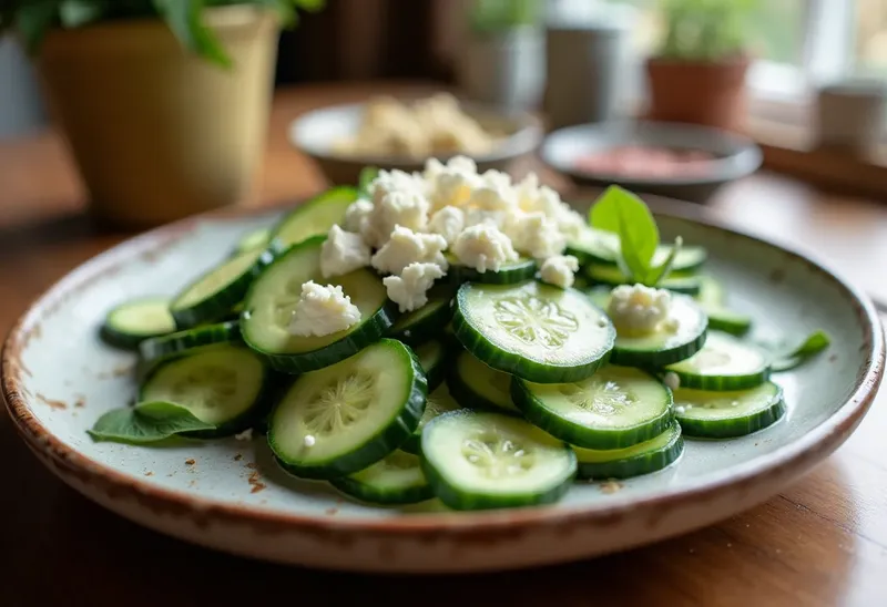 Salade fraîche de concombre au fromage de chèvre crémeux