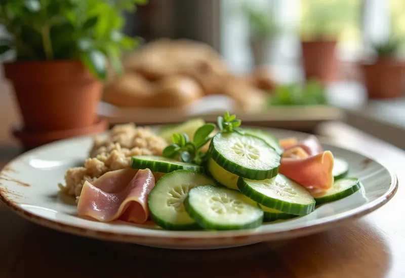 Salade fraîche de concombre au jambon et poulet