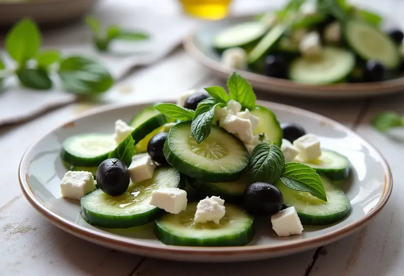 Salade fraîche de concombre, feta et olives noires