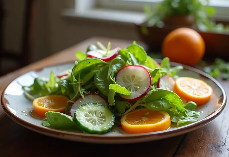 Salade fraîche de fèves, concombre, radis et orange