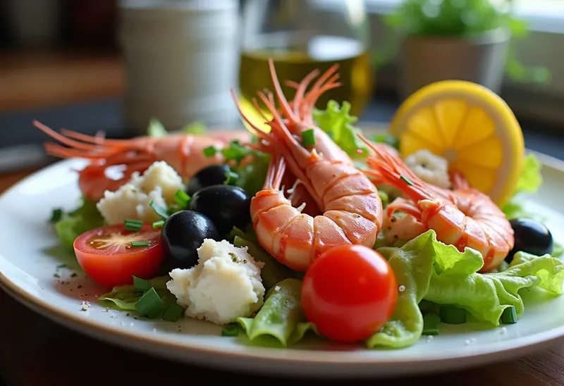 Salade fraîche de langoustines, olives et crabe