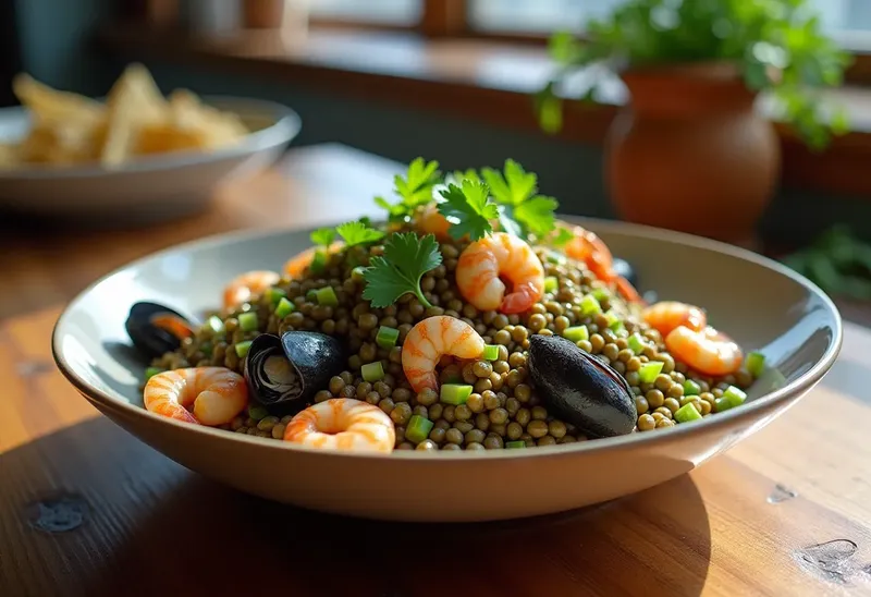 Salade fraîche de lentilles vertes aux fruits de mer