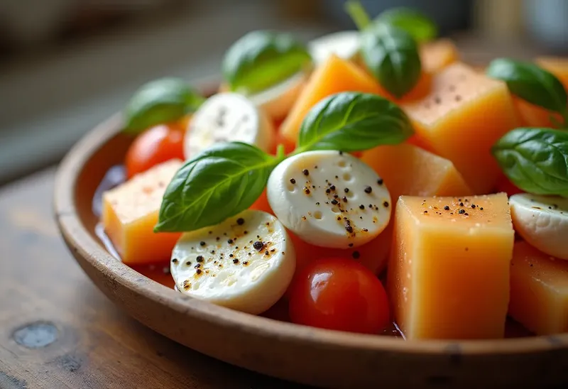 Salade fraîche de melon et mozzarella au basilic