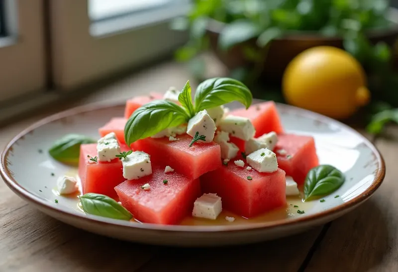 Salade fraîche de pastèque et feta au basilic