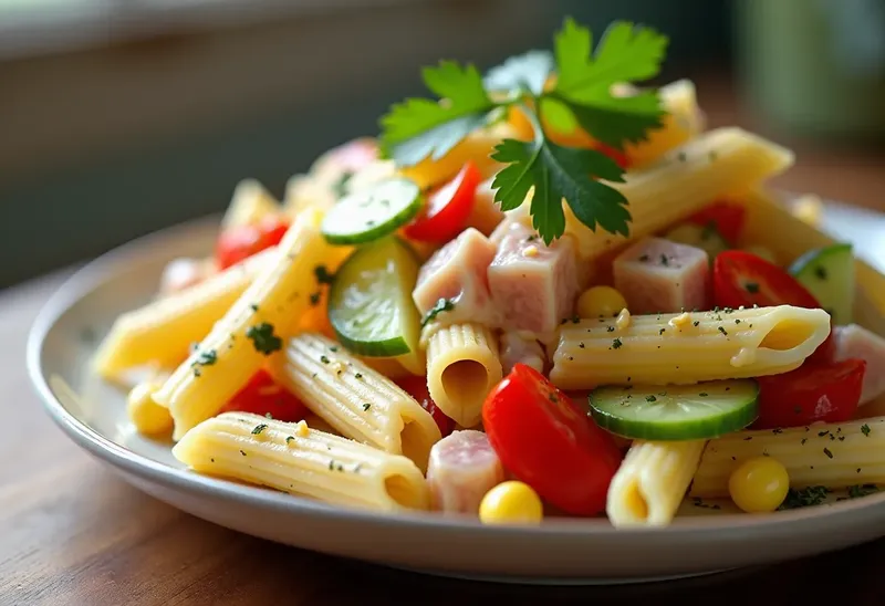 Salade fraîche de pâtes au surimi et légumes croquants