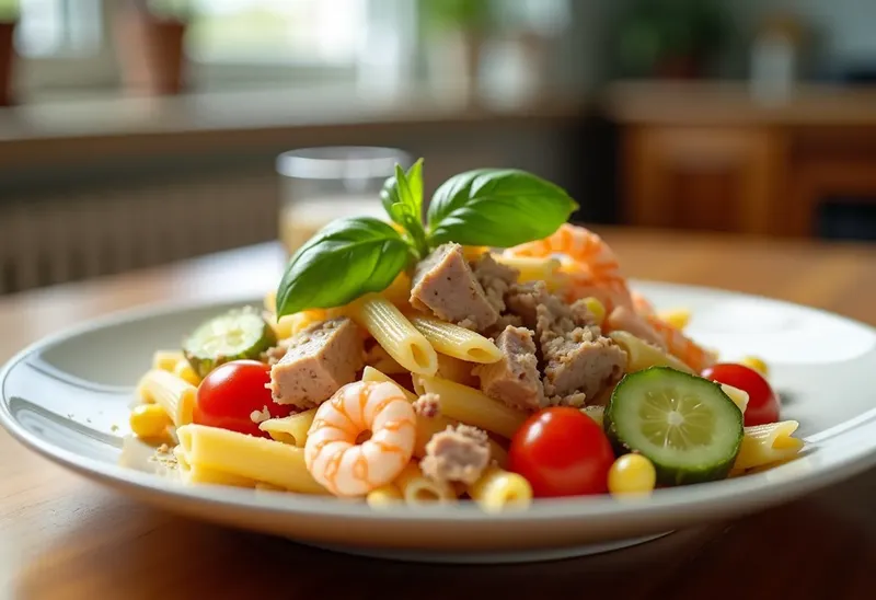 Salade fraîche de pâtes au thon et crevettes