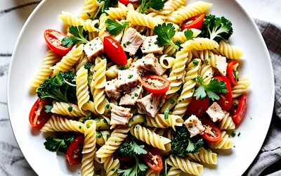 Salade fraîche de pâtes au thon, poivron et raisins - Recette facile et rapide