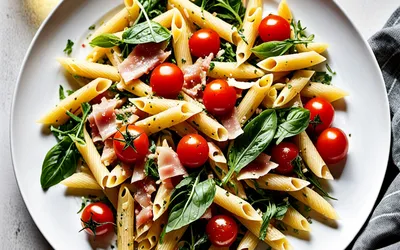Salade de pâtes fraîche au jambon, tomate, roquette et parmesan - recette facile et rapide