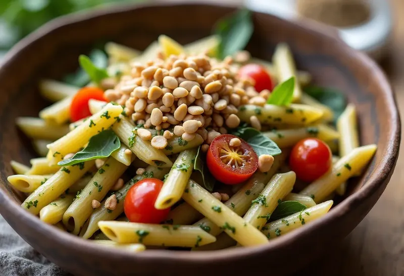 Salade fraîche de penne au thon, pesto maison et pignons grillés