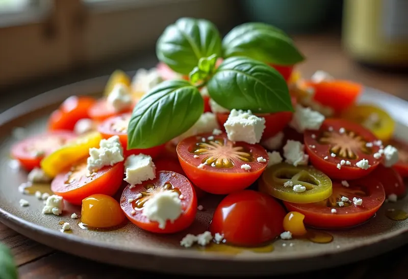 Salade fraîche de tomates, feta et poivrons colorés