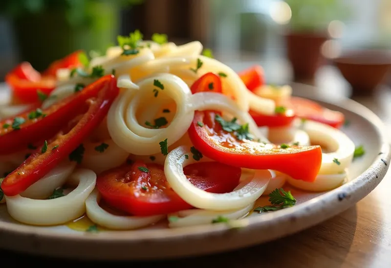 Salade fraîche d'oignons et poivrons rouges
