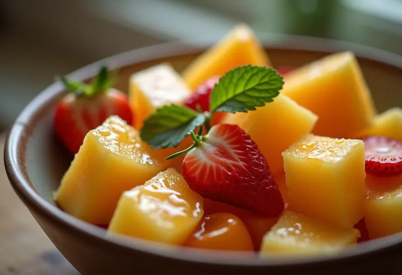 Salade fraîche et gourmande de melon, fraises et oranges confites