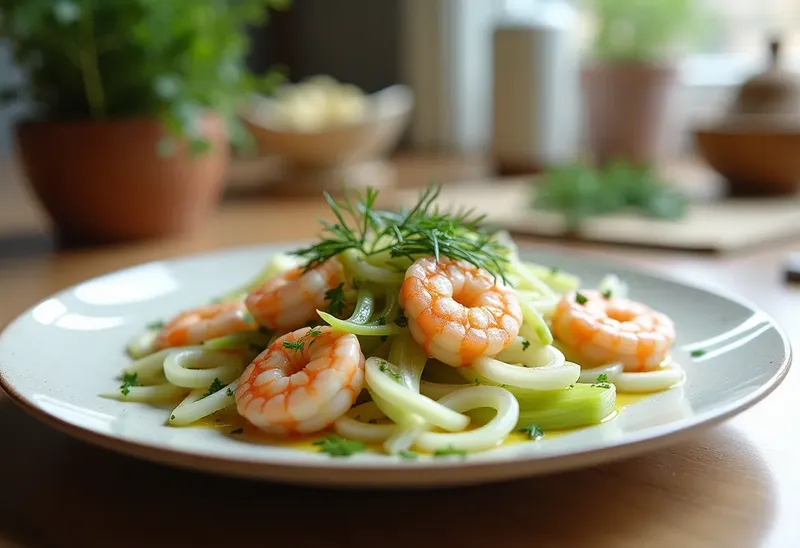 Salade fraîcheur de crevettes et poireaux à l'aneth