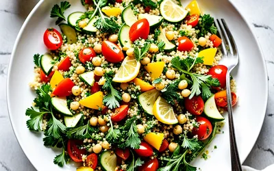 Salade fraîcheur quinoa légumes rôtis pois chiches - recette saine et rapide
