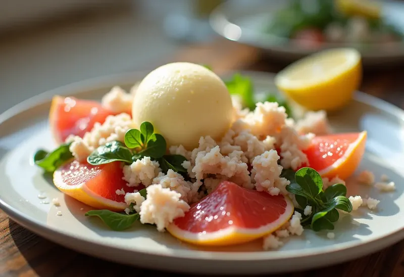 Salade fraîcheur pamplemousse, crabe et sorbet citron