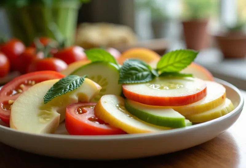Salade fraîcheur trois couleurs : pomme, tomate et concombre