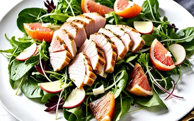 Salade gourmande au poulet fumé, pamplemousse et gouda - recette fraîche et rapide