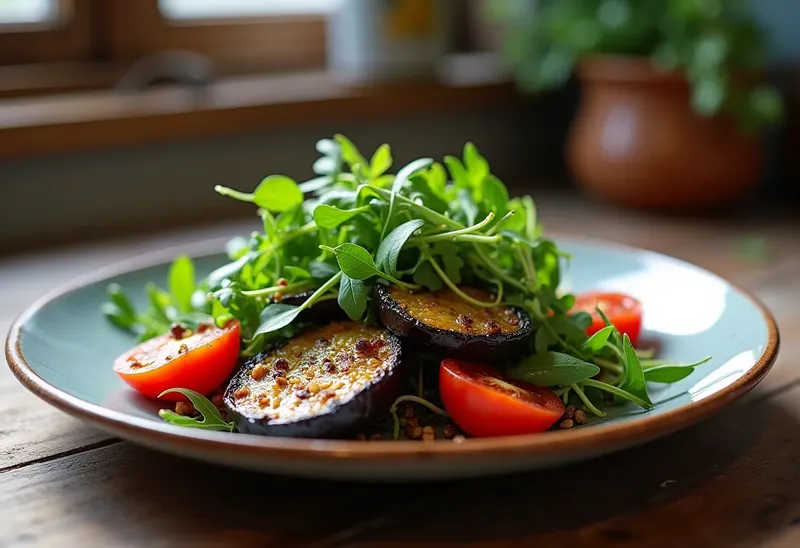 Salade gourmande aux aubergines confites et herbes fraîches