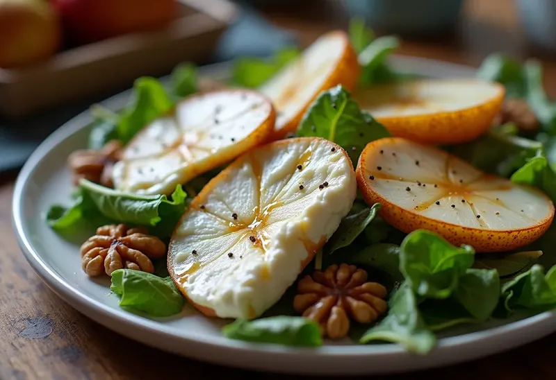 Salade gourmande de chèvre frais aux poires caramélisées