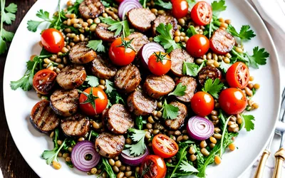 Salade gourmande de lentilles vertes aux saucisses grillées - recette facile et complète